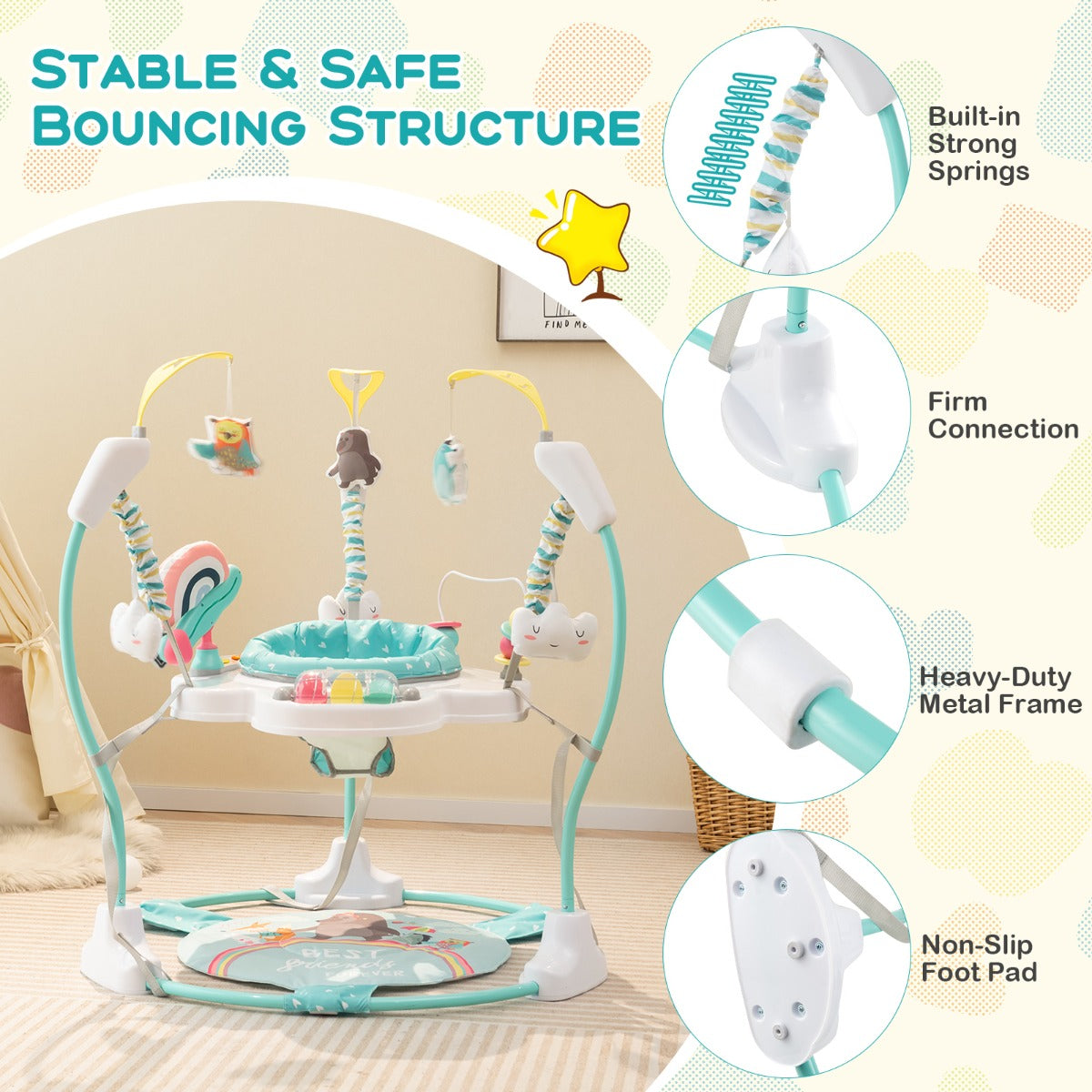 LIVSK Verstelbare Babywipstoel - 360° Draaibaar - Interactief Speelgoed - 3 Hoogtes - Veilig en Comfortabel - Blauw en wit