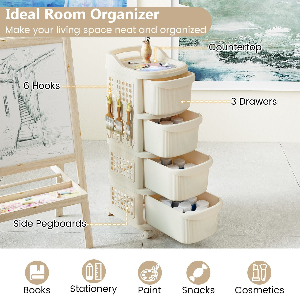 Livsk costway witte opbergbox op wielen met 4 lades 6