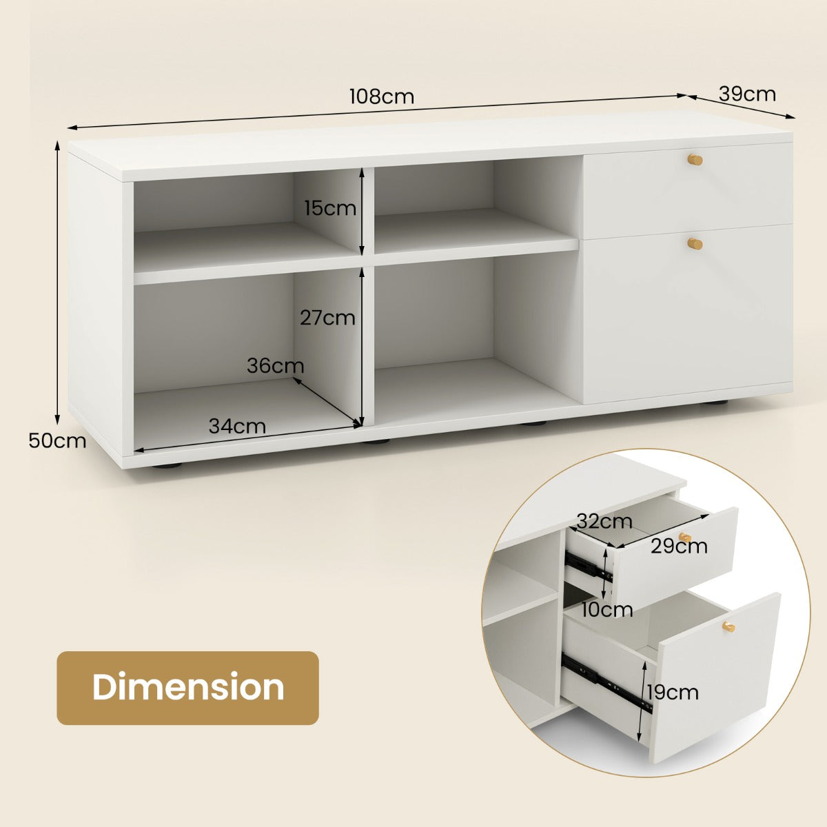 LIVSK Opbergkast - Ruim Kastblad 108 x 39 cm - 2 Laden - 4 Compartimenten - Verstelbare Poten - Wit