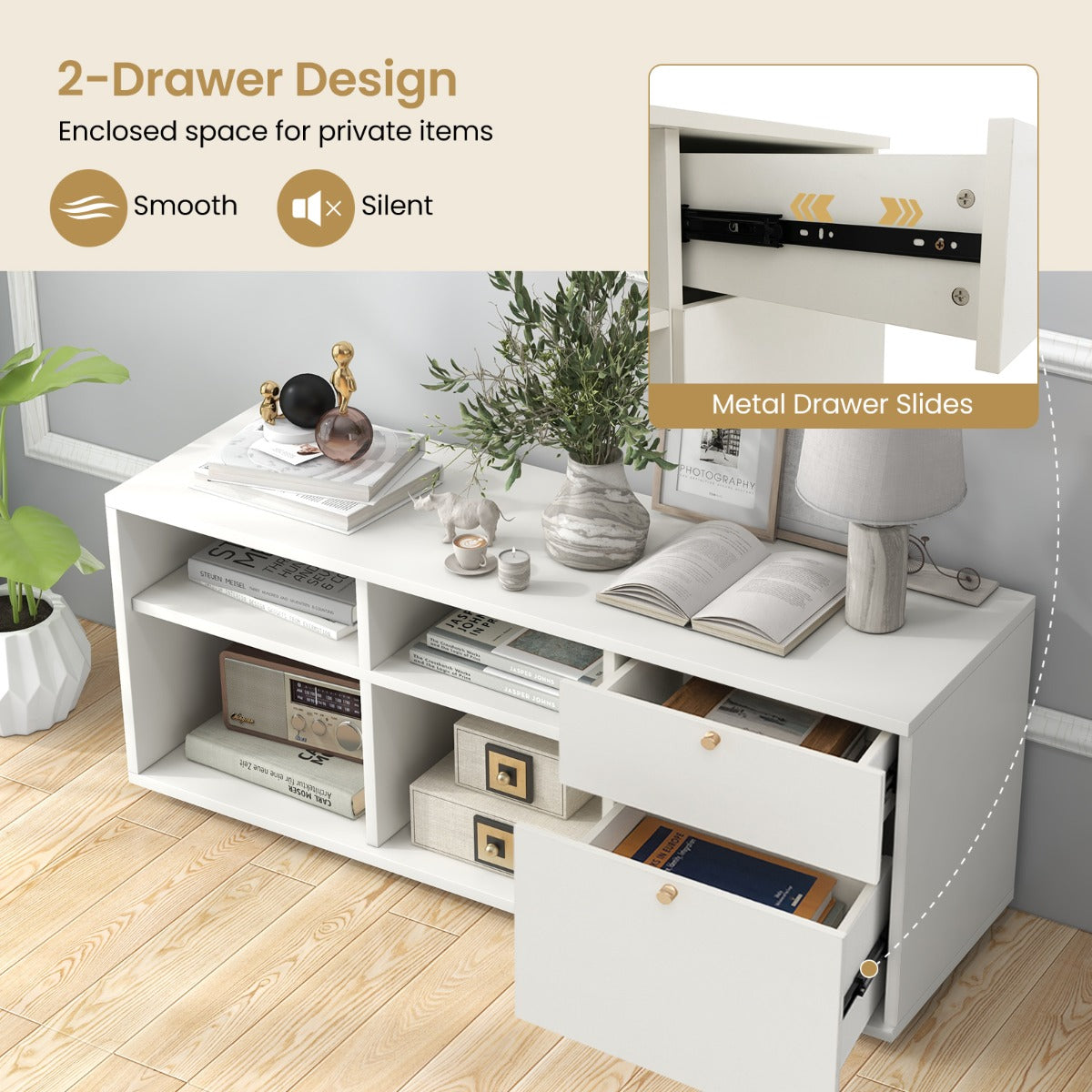 LIVSK Opbergkast - Ruim Kastblad 108 x 39 cm - 2 Laden - 4 Compartimenten - Verstelbare Poten - Wit
