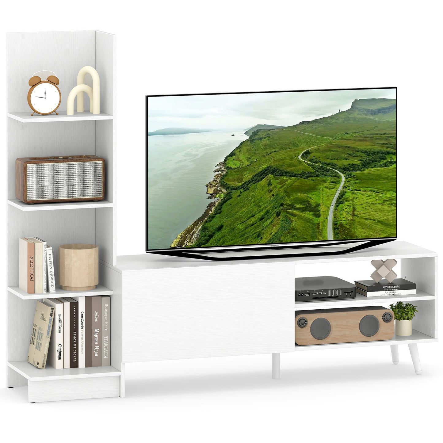 LIVSK TV-meubel voor TV tot 50 inch - Verstelbare plank - 4-laags boekenrek - Robuuste metalen poten - 140 x 31 x 115,5 cm - Wit