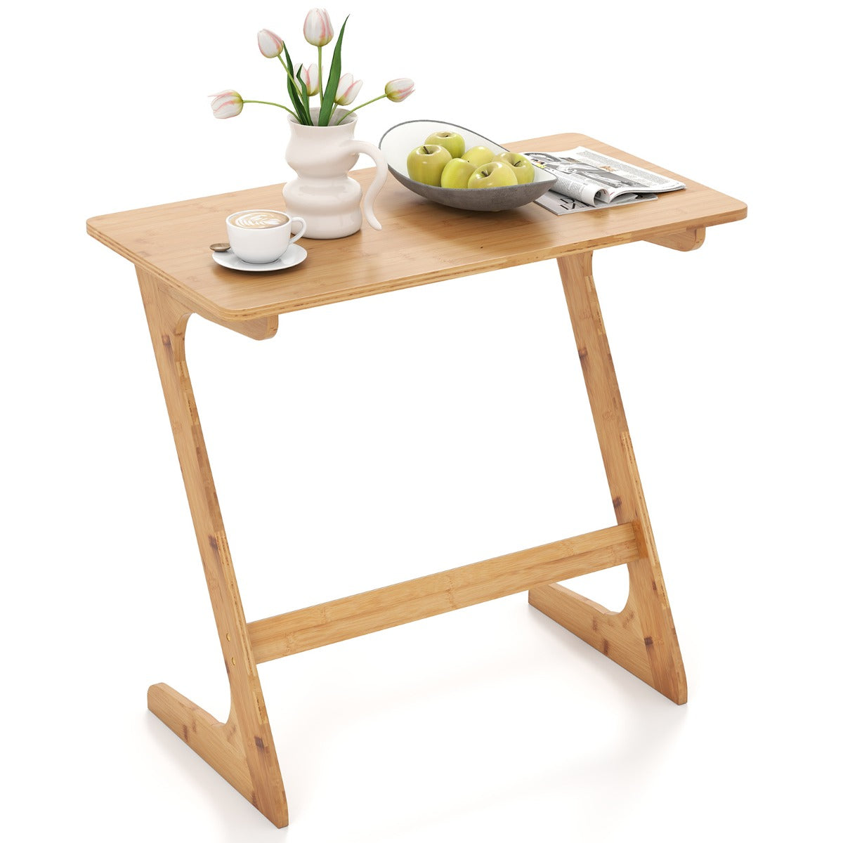 LIVSK Ruimtebesparende Z - vormige Bamboe Bijzettafel - Multifunctioneel - Hoogwaardig Bamboemateriaal - Ruim Tafelblad