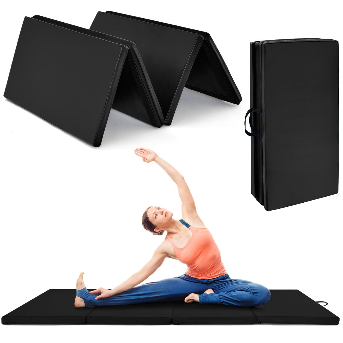 LIVSK Yogamat - Inklapbaar met Handgrepen - EPE-schuim - Antislip PU-leer - Verbindbaar - 240 x 120 x 5 cm - Zwart