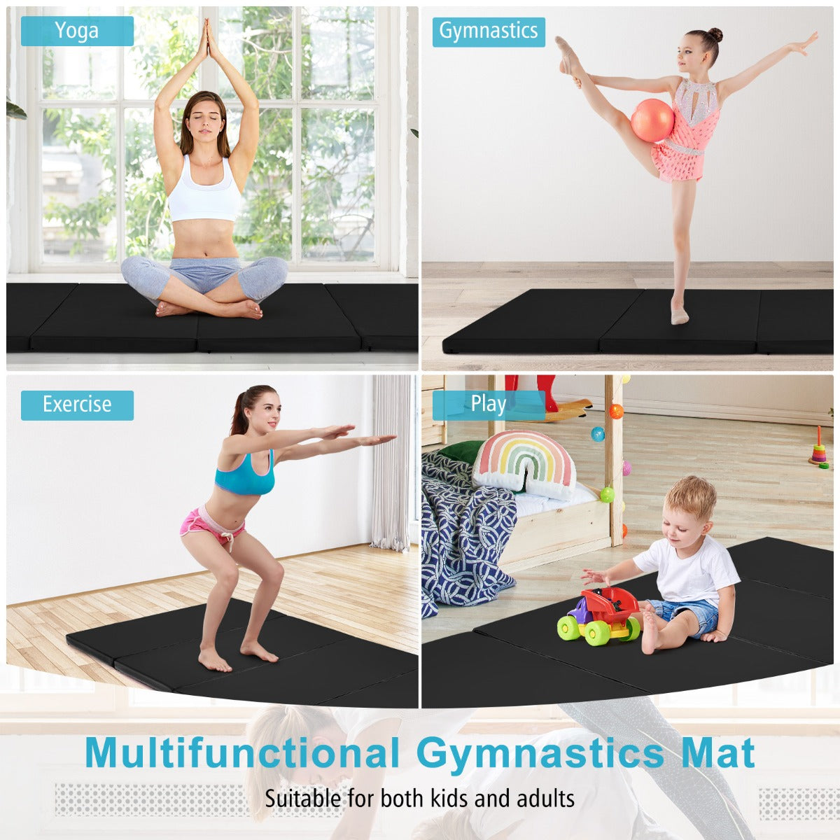 LIVSK Yogamat - Inklapbaar met Handgrepen - EPE-schuim - Antislip PU-leer - Verbindbaar - 240 x 120 x 5 cm - Zwart