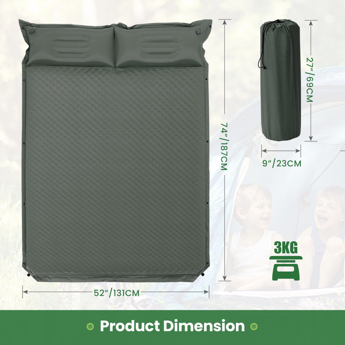 LIVSK Zelfopblazende Kampeermat - Waterdicht - Ergonomisch Kussen - Voor 2 Personen - Compact en Draagbaar - Grasgroen