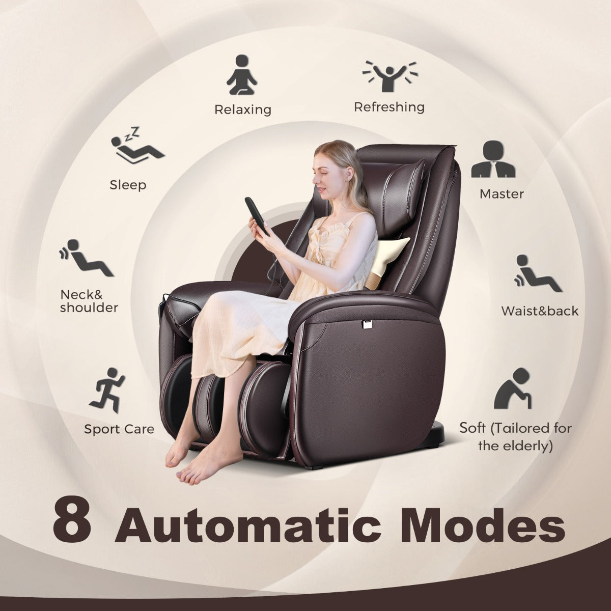 LIVSK Massagestoel - 8 Automatische Modi - Lichaamsdetectie - Rugverwarming - Voetensteun met Airbags - 115 x 75 x 106 cm - Bruin