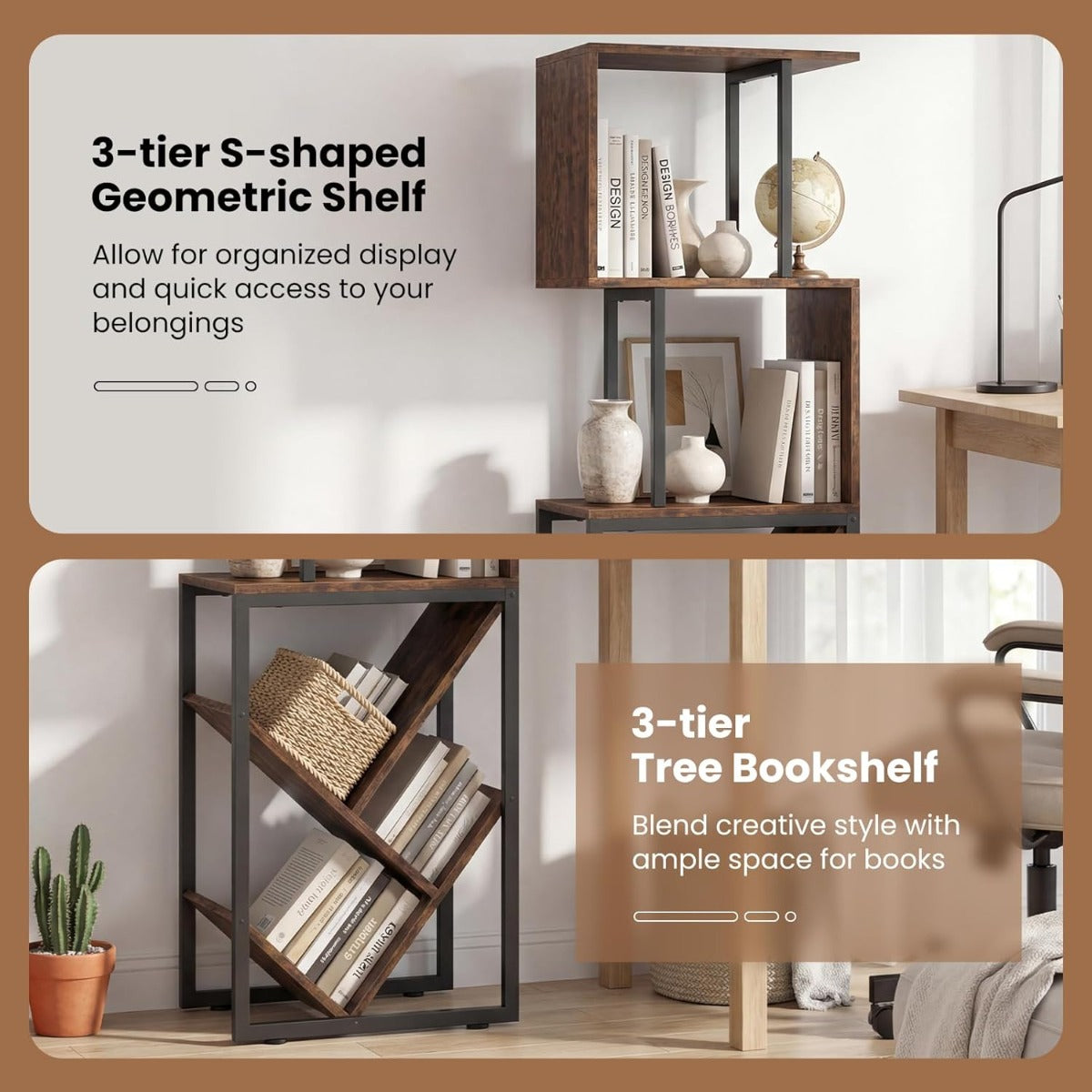 Livsk costway zesdelige stellingkast met geometrisch ontwerp voorzien van zes open display en opbergplanken metalen frame