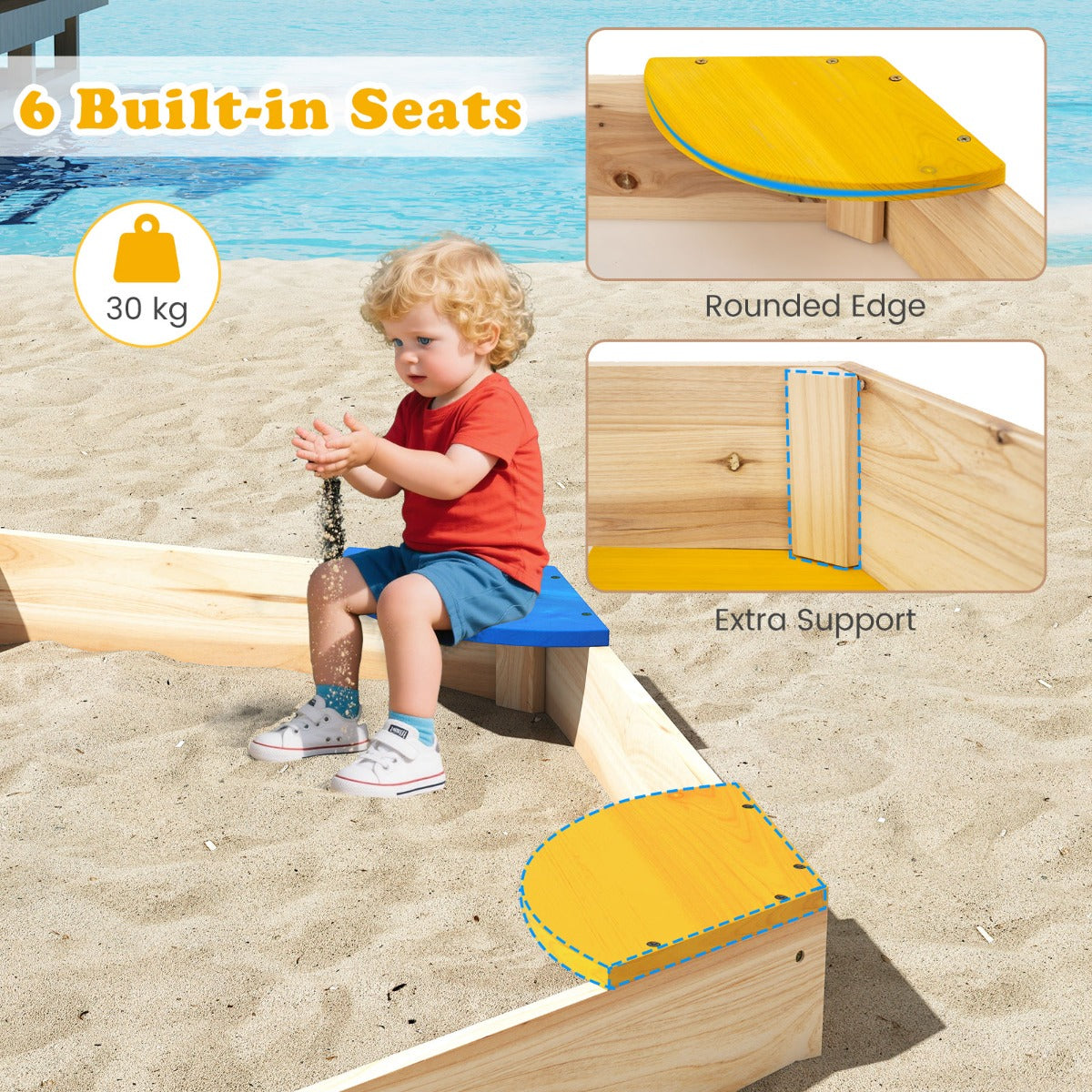 Livsk costway zeshoekige houten zandbak open zandbak met plantenbakcombinatie voor kinderen 140 x 122 x 14 cm 3