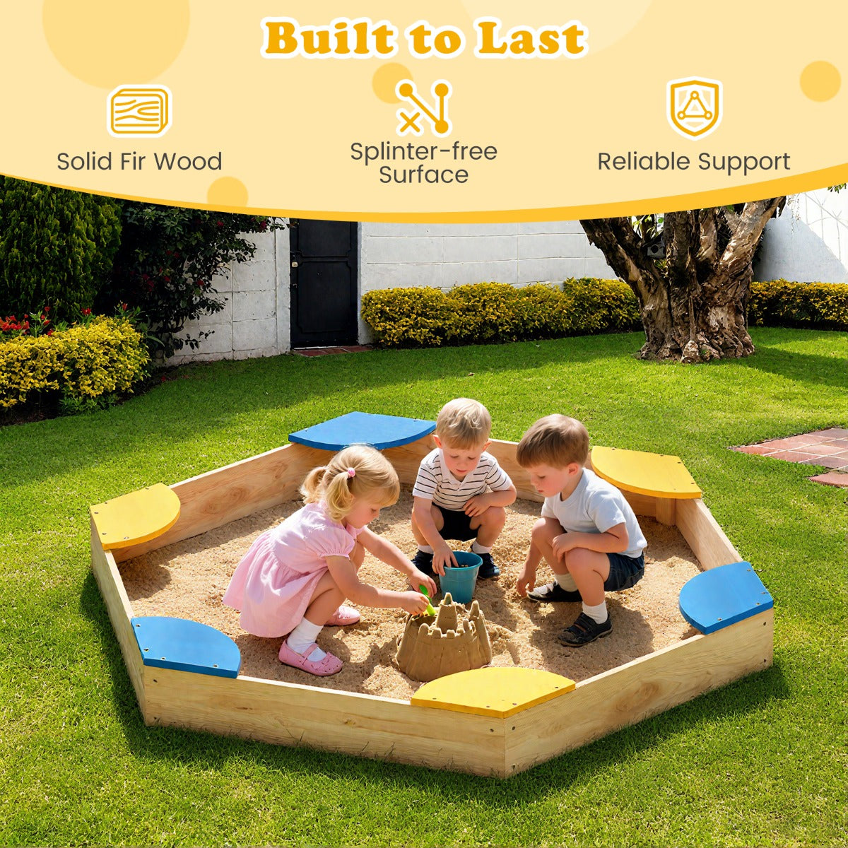 Livsk costway zeshoekige houten zandbak open zandbak met plantenbakcombinatie voor kinderen 140 x 122 x 14 cm 5
