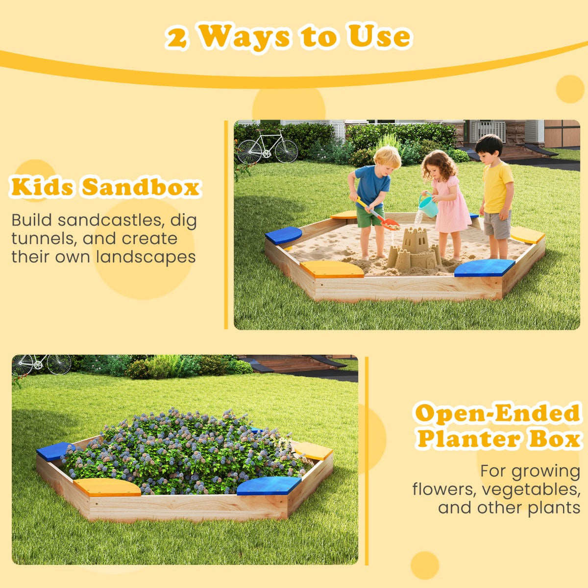 Livsk costway zeshoekige houten zandbak open zandbak met plantenbakcombinatie voor kinderen 140 x 122 x 14 cm 6