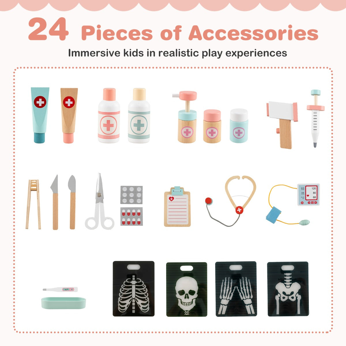 LIVSK Houten Dokterspeelset - 24 Accessoires - Interactief Rollenspel - Veilig en Leerzaam - Voor Kinderen - Roze