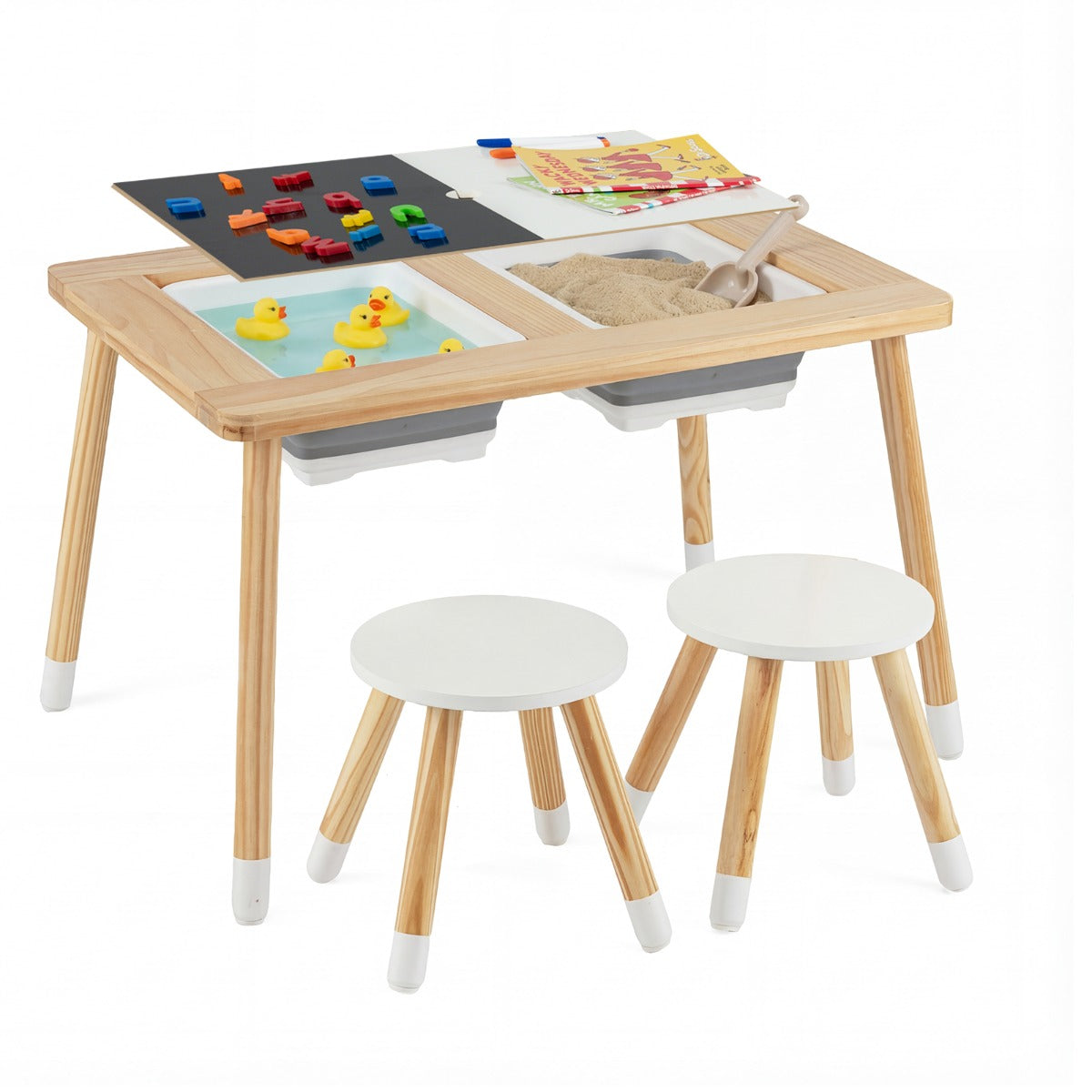 Livsk costway zintuiglijke en speeltafel met 2 krukjes kindertafel en stoelset met afneembare dubbelzijdige tafelbladen en 2 bakken model