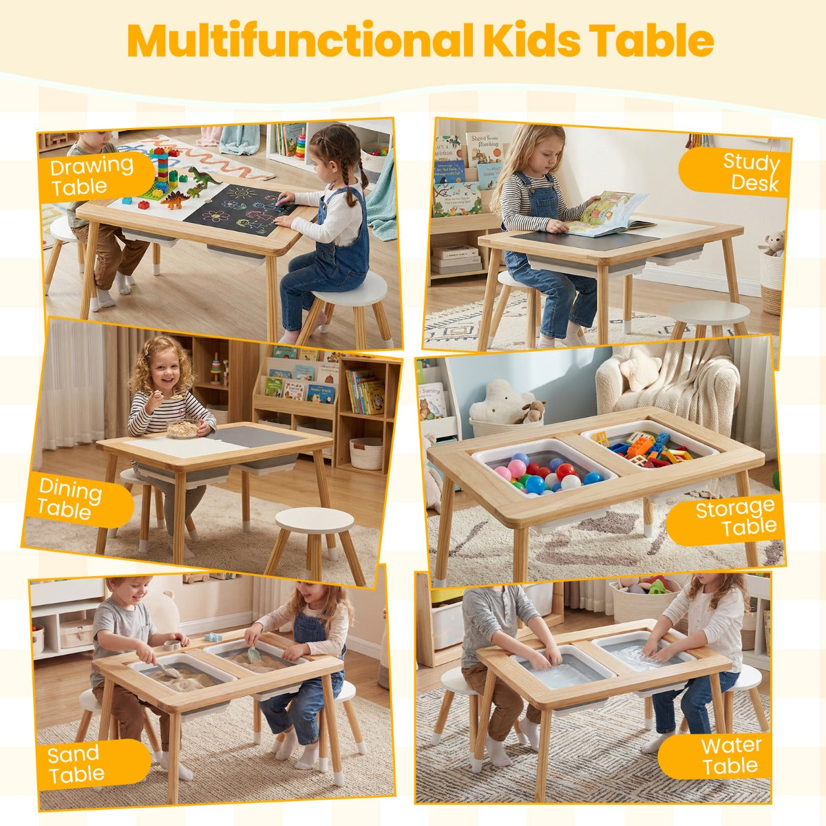 Livsk costway zintuiglijke en speeltafel met 2 krukjes kindertafel en stoelset met afneembare dubbelzijdige tafelbladen en 2 bakken model 1