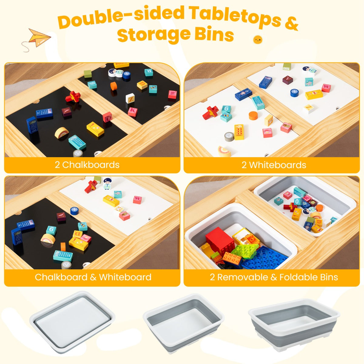 Livsk costway zintuiglijke en speeltafel met 2 krukjes kindertafel en stoelset met afneembare dubbelzijdige tafelbladen en 2 bakken model 2