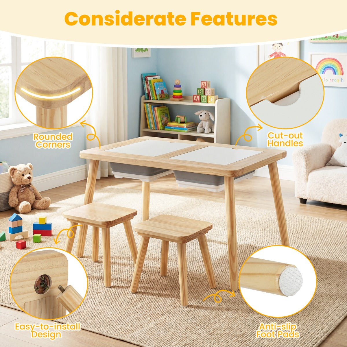 Livsk costway zintuiglijke en speeltafel met 2 krukjes kindertafel en stoelset met afneembare dubbelzijdige tafelbladen en 2 bakken model 2