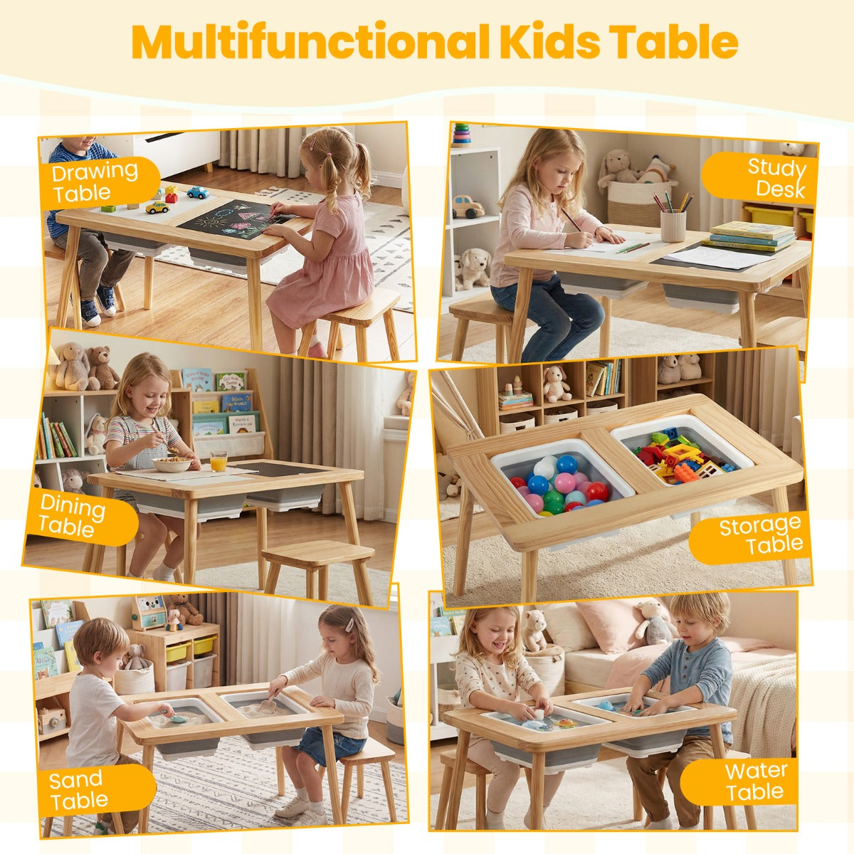 Livsk costway zintuiglijke en speeltafel met 2 krukjes kindertafel en stoelset met afneembare dubbelzijdige tafelbladen en 2 bakken model 2