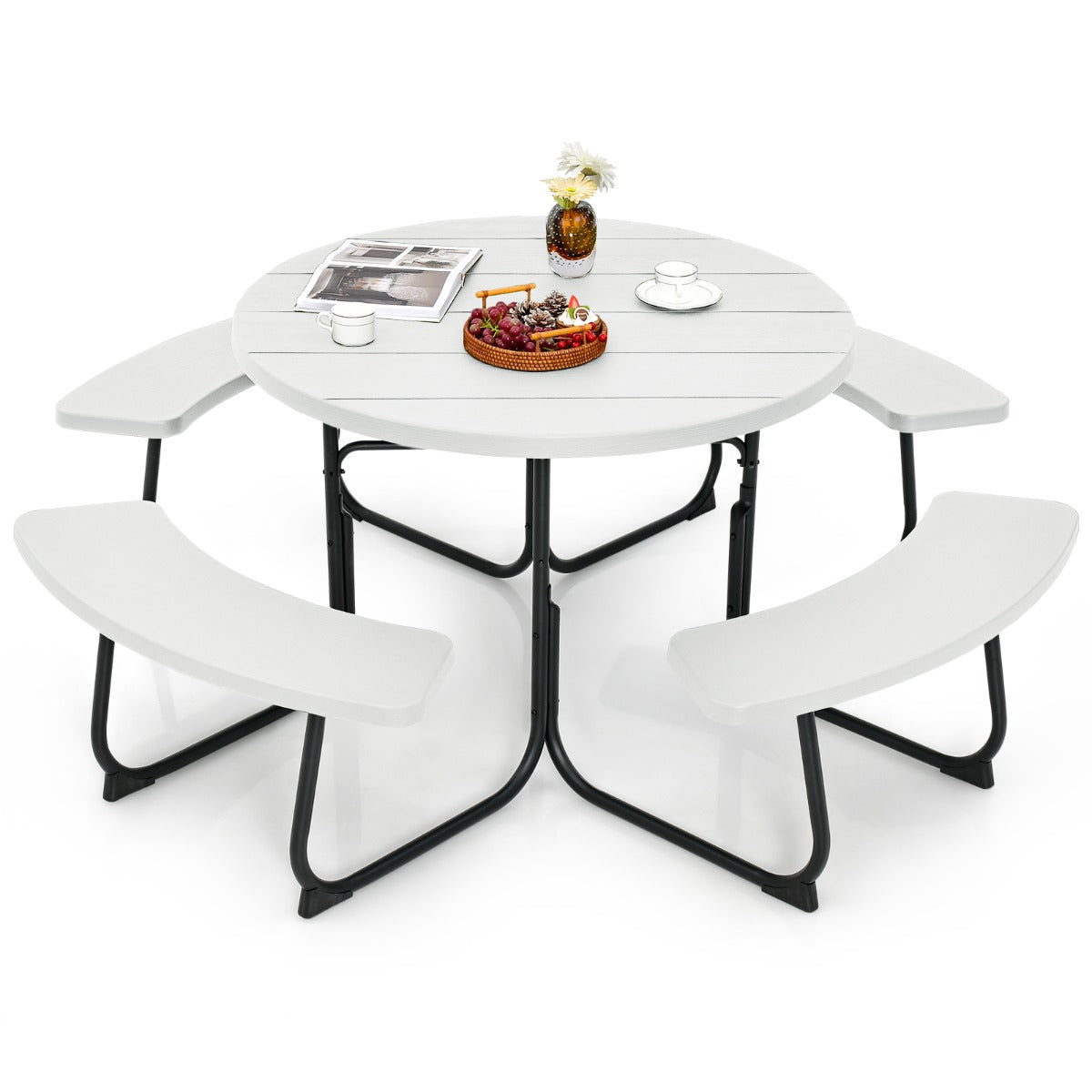 LIVSK Picknicktafelset voor 8 Personen - HDPE en Metalen Frame - Parasolgat - Duurzaam en Weerbestendig - Zwart