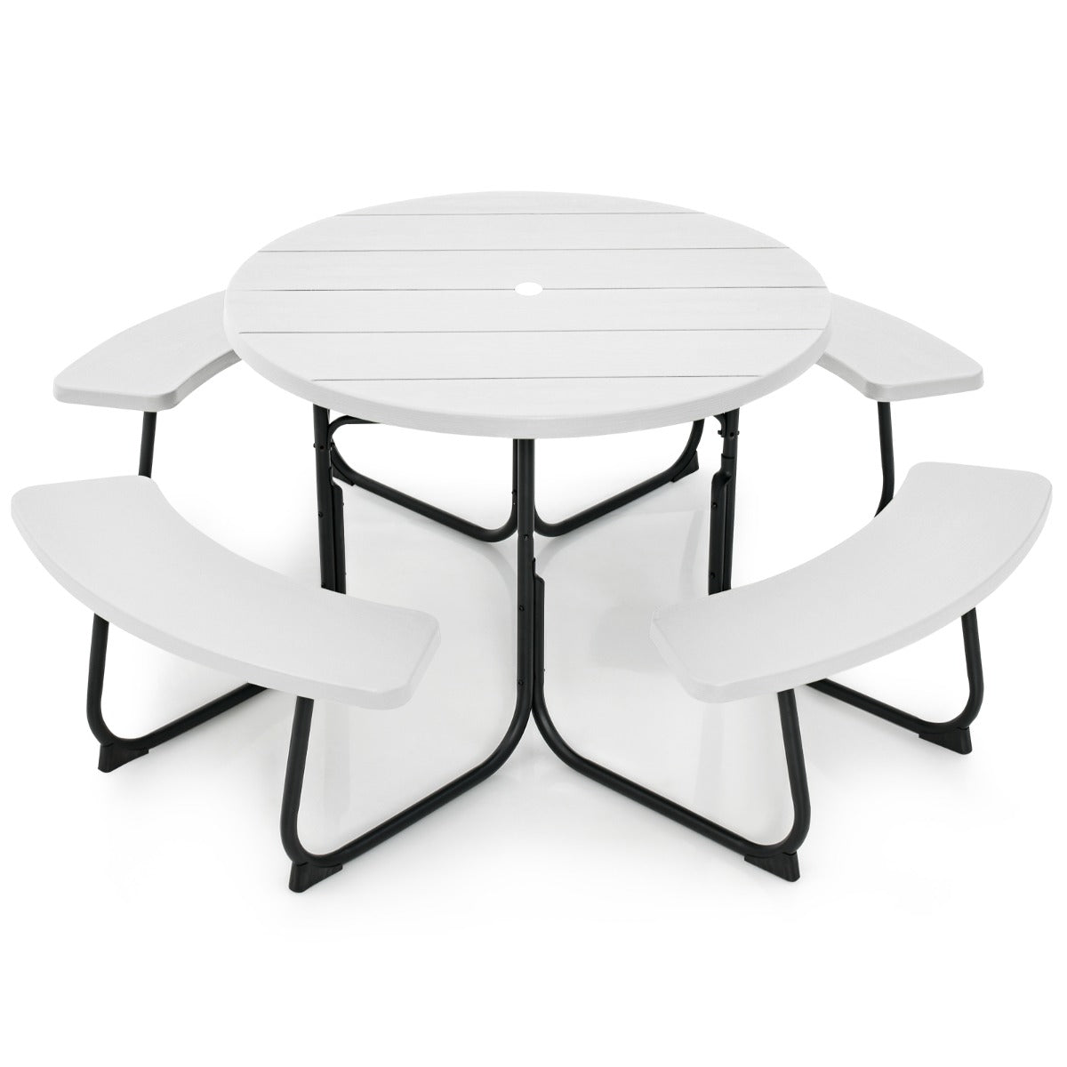 LIVSK Picknicktafelset voor 8 Personen - HDPE en Metalen Frame - Parasolgat - Duurzaam en Weerbestendig - Zwart