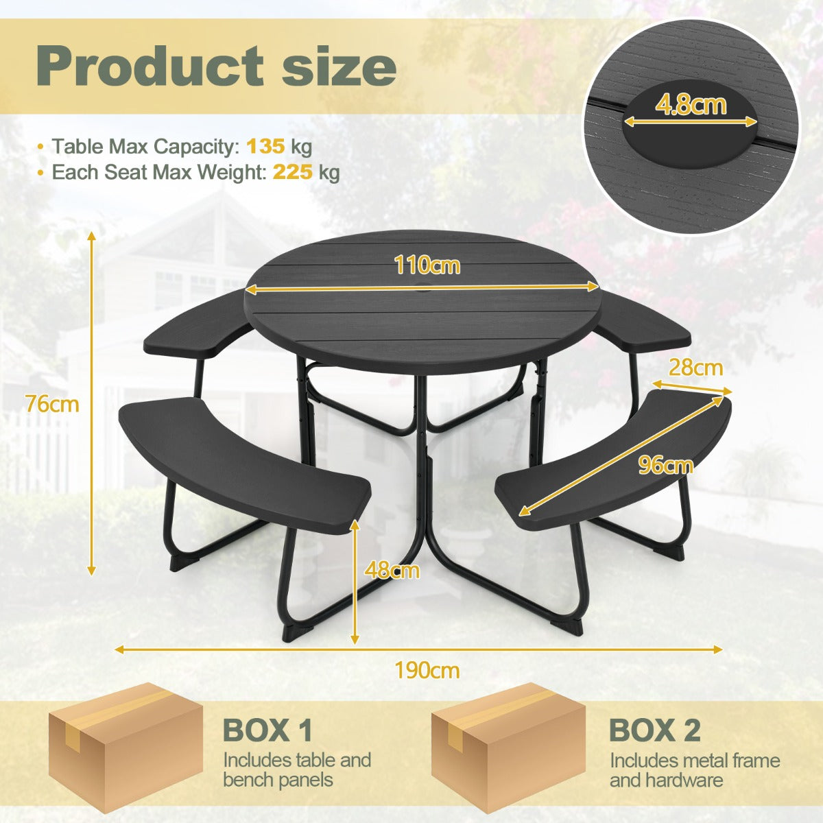 LIVSK Picknicktafelset voor 8 Personen - HDPE Weerbestendig - Met Parasolgat - Stabiel Metalen Frame - Geschikt voor Tuin en