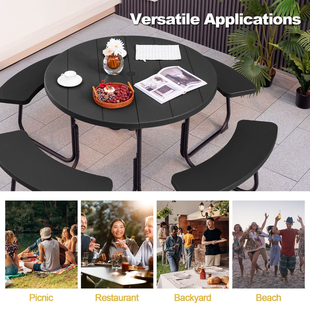 LIVSK Picknicktafelset voor 8 Personen - HDPE Weerbestendig - Met Parasolgat - Stabiel Metalen Frame - Geschikt voor Tuin en