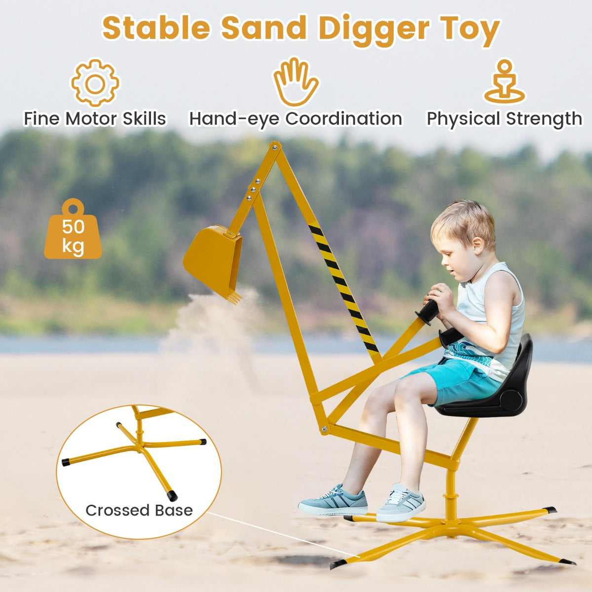 LIVSK Zitgraafmachine - 360° Draaibaar - 2-hand Bediening - Stevig Metaal - Voor Kinderen - 123 x 62 x 62 cm - Geel