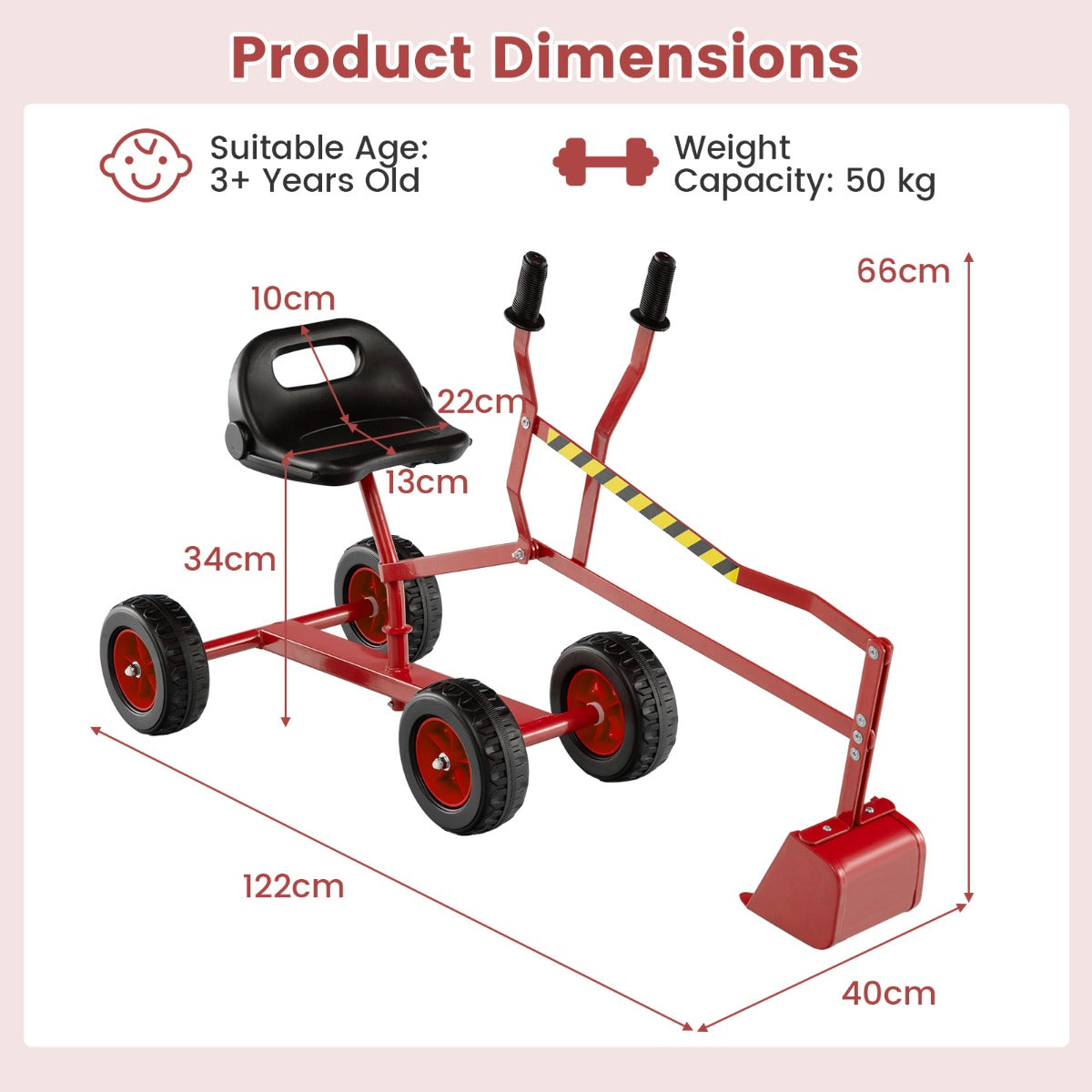 LIVSK Zitbagger - 360° Draaibaar - 2-handbediening - Robuust Metaal - Voor Kinderen - 122 x 40 x 66 cm - Rood