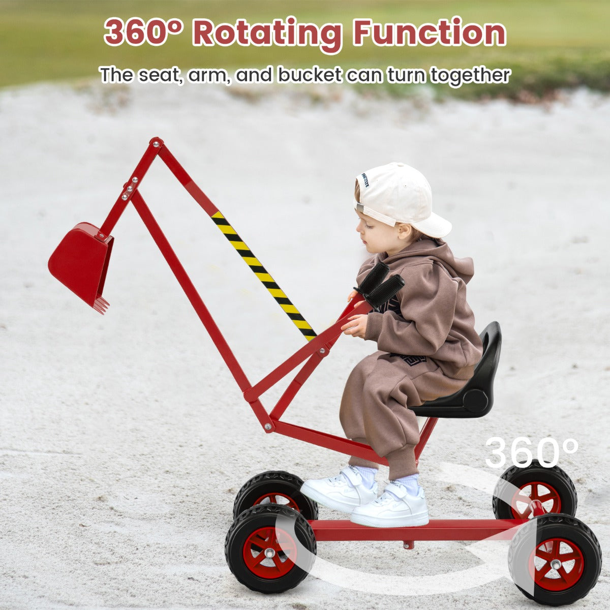 LIVSK Zitbagger - 360° Draaibaar - 2-handbediening - Robuust Metaal - Voor Kinderen - 122 x 40 x 66 cm - Rood