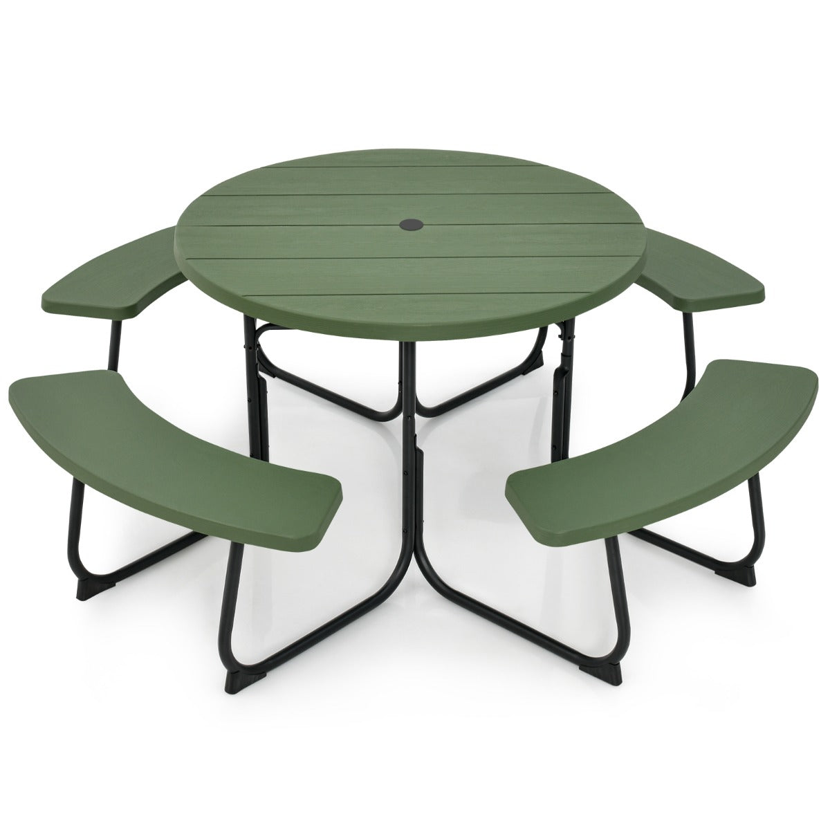 LIVSK Weerbestendige Picknicktafelset voor 8 Personen - HDPE - Gepoedercoat Metaal - Parasolgat - 190 x 76 cm - Groen