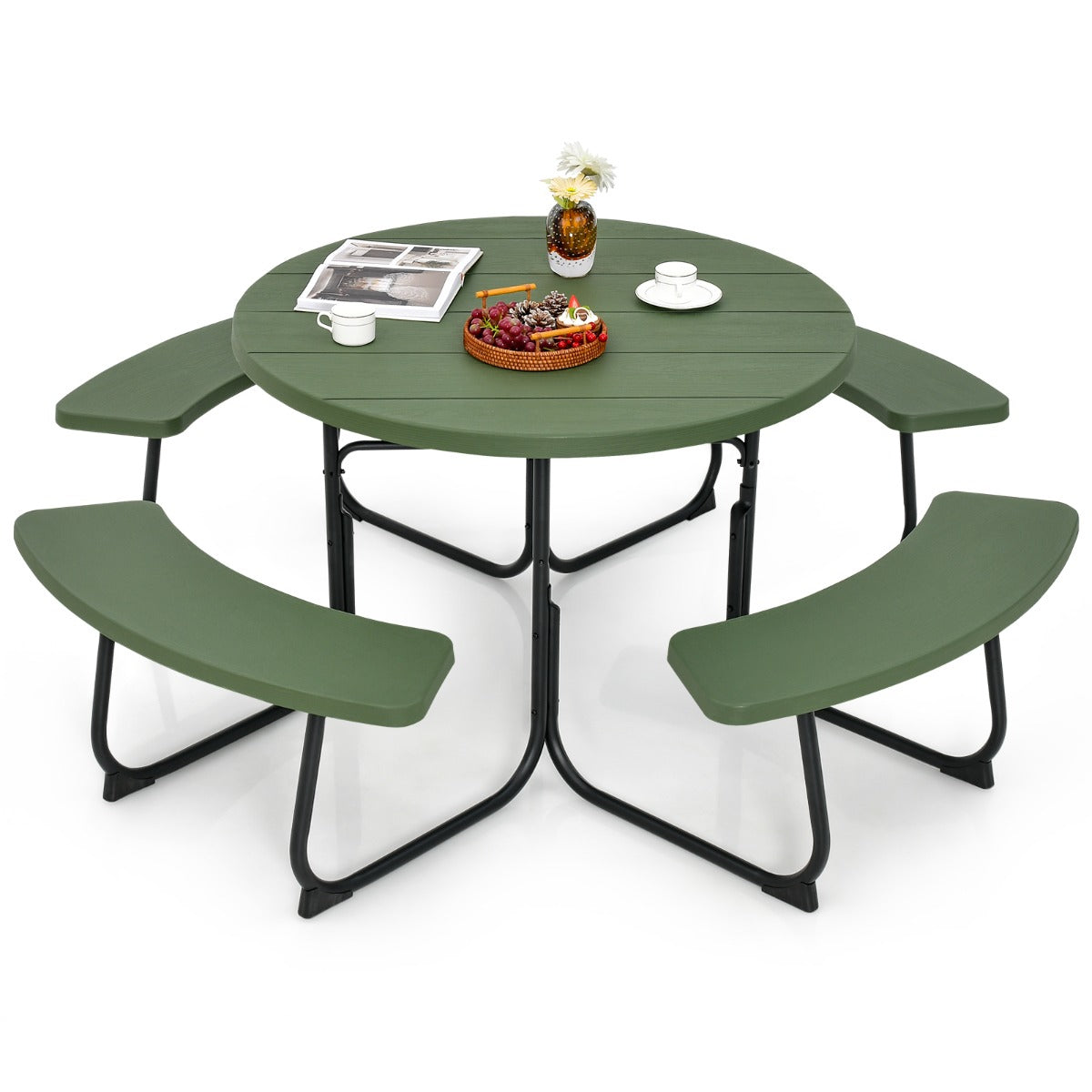 LIVSK Weerbestendige Picknicktafelset voor 8 Personen - HDPE - Gepoedercoat Metaal - Parasolgat - 190 x 76 cm - Groen