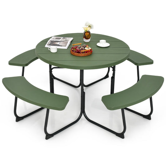 LIVSK Weerbestendige Picknicktafelset voor 8 Personen - HDPE - Gepoedercoat Metaal - Parasolgat - 190 x 76 cm - Groen