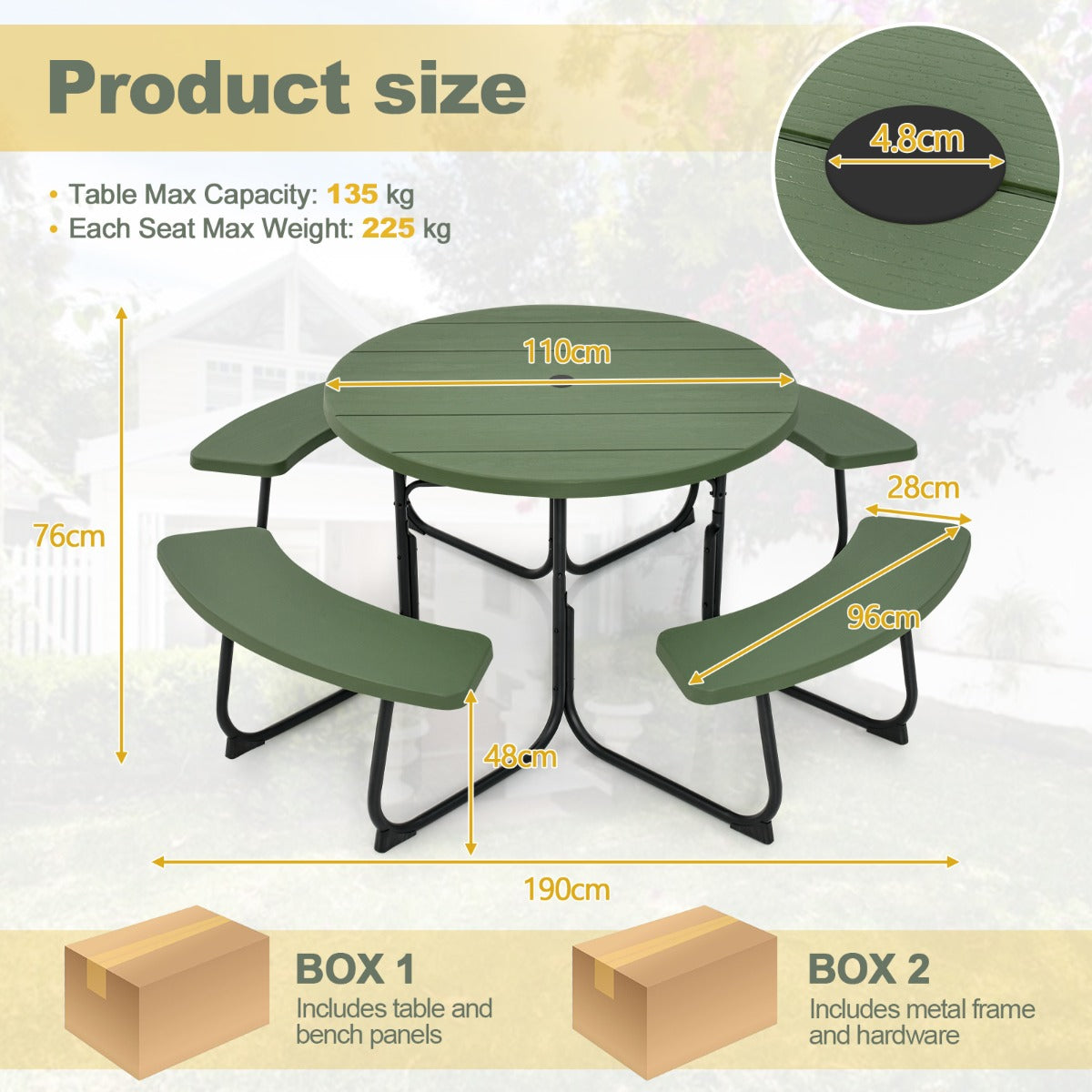 LIVSK Weerbestendige Picknicktafelset voor 8 Personen - HDPE - Gepoedercoat Metaal - Parasolgat - 190 x 76 cm - Groen