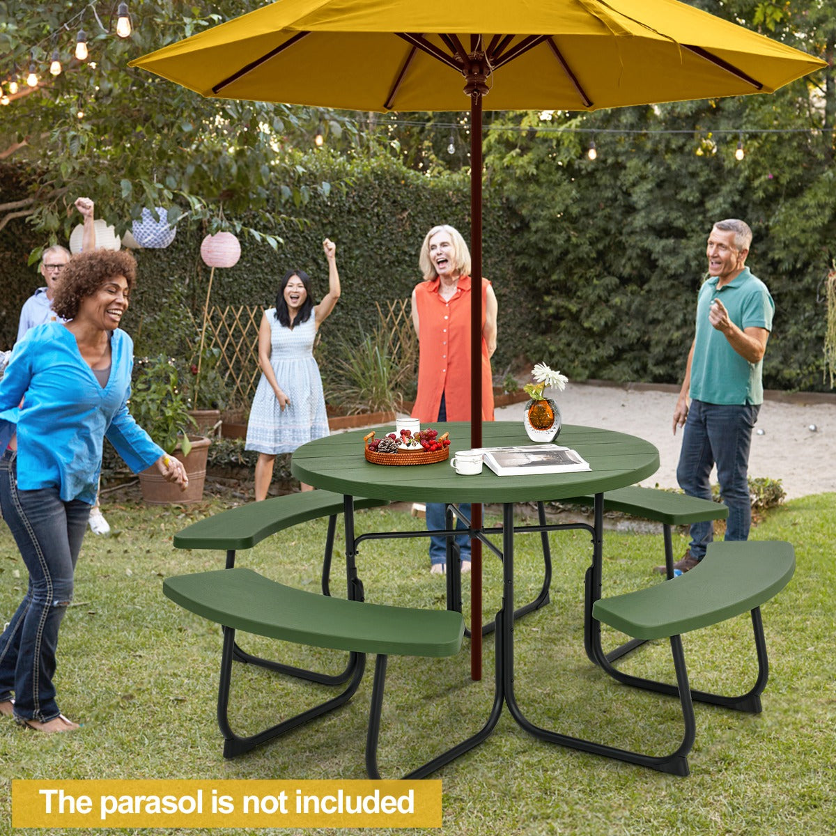 LIVSK Weerbestendige Picknicktafelset voor 8 Personen - HDPE - Gepoedercoat Metaal - Parasolgat - 190 x 76 cm - Groen