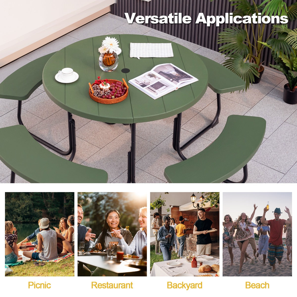 LIVSK Weerbestendige Picknicktafelset voor 8 Personen - HDPE - Gepoedercoat Metaal - Parasolgat - 190 x 76 cm - Groen
