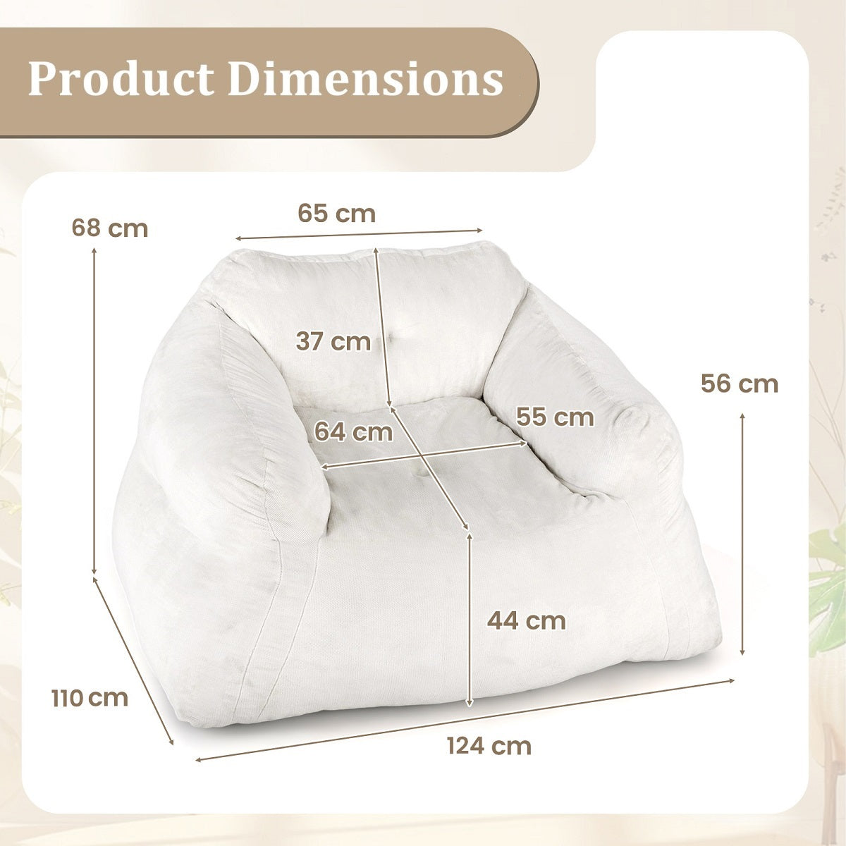 LIVSK Zitzak met Fluwelen Bekleding - Ergonomisch en Antislip - Geen Montage Nodig - 124 x 110 x 68 cm - Beige