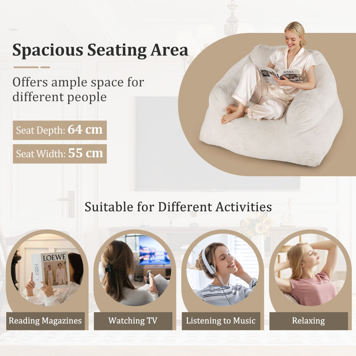 LIVSK Zitzak met Fluwelen Bekleding - Ergonomisch en Antislip - Geen Montage Nodig - 124 x 110 x 68 cm - Beige