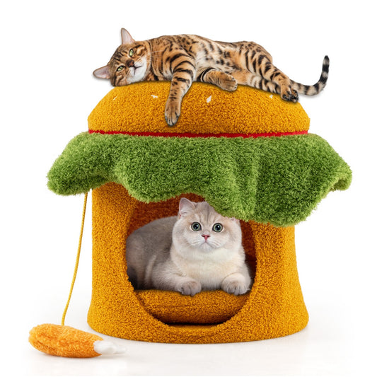 LIVSK Hamburger - vormig Kattenbed - Ultra - zacht Kussen - Hangend Speelgoed - Teddy - fleece en Polyester - Voor Katten tot 10