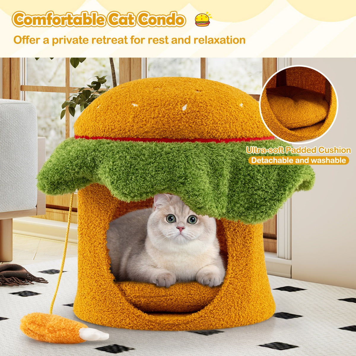 LIVSK Hamburger - vormig Kattenbed - Ultra - zacht Kussen - Hangend Speelgoed - Teddy - fleece en Polyester - Voor Katten tot 10