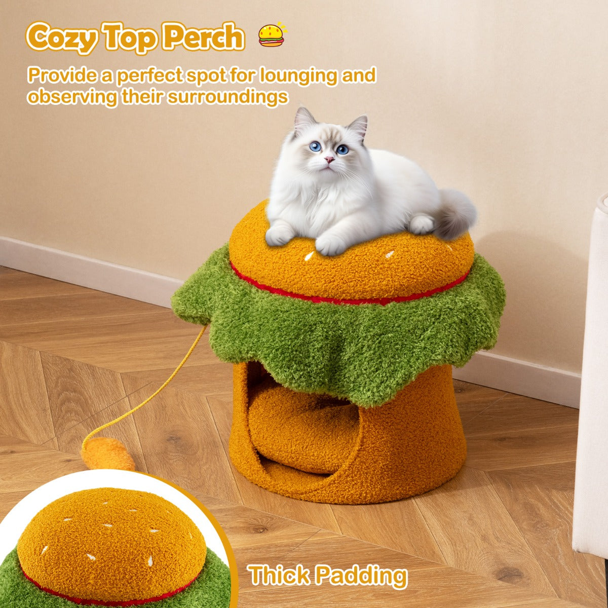 LIVSK Hamburger - vormig Kattenbed - Ultra - zacht Kussen - Hangend Speelgoed - Teddy - fleece en Polyester - Voor Katten tot 10