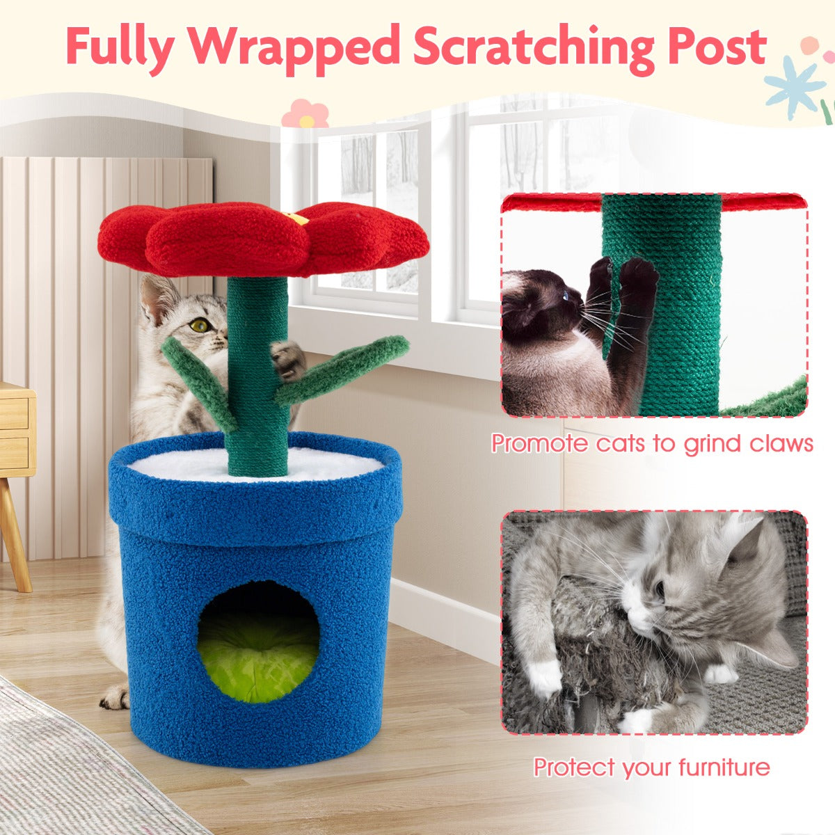 LIVSK Kattenboom met Bloempot-thema - Gevoerde Lounge - Krabpaal - Geluidseffecten - Eenvoudige Montage - 39,5 x 39,5 x 72 cm -