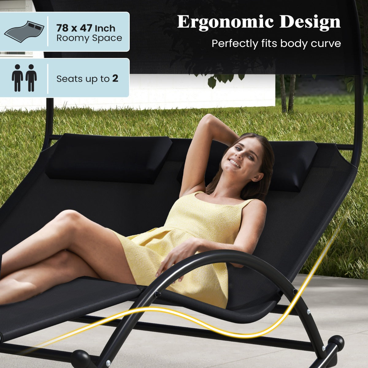 LIVSK 2-zits dubbele schommel-ligstoel - Ergonomisch design - Ruime zitting - Antislipbasis - Tot 300 kg - 182 x 137 x 165 cm -