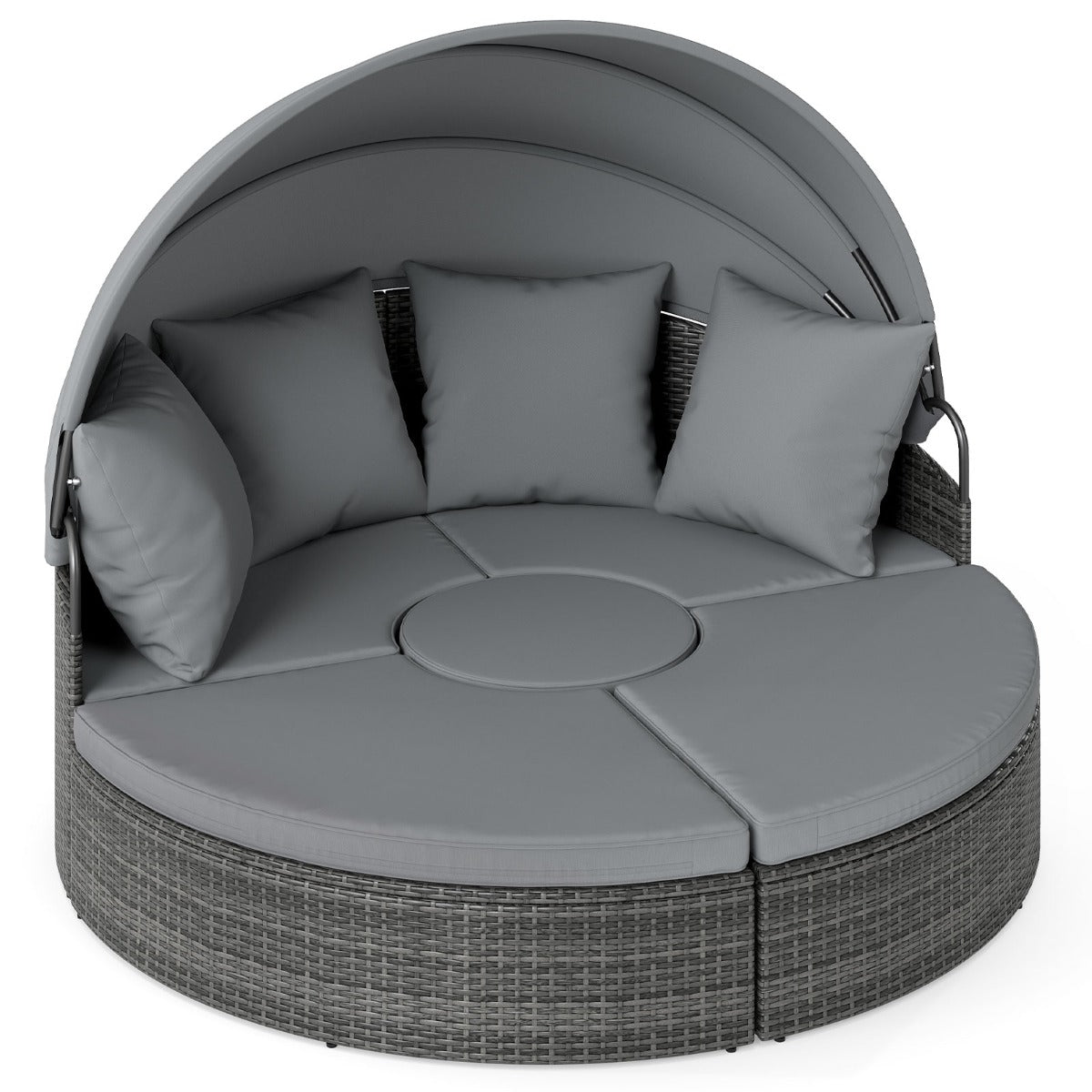 LIVSK Patio Rond Bed met Uitschuifbaar Zonnescherm - Handgeweven PE-Rattan - Comfortabele Kussens - Mix Grijs