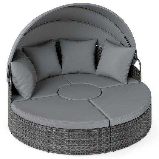 LIVSK Patio Rond Bed met Uitschuifbaar Zonnescherm - Handgeweven PE-Rattan - Comfortabele Kussens - Mix Grijs