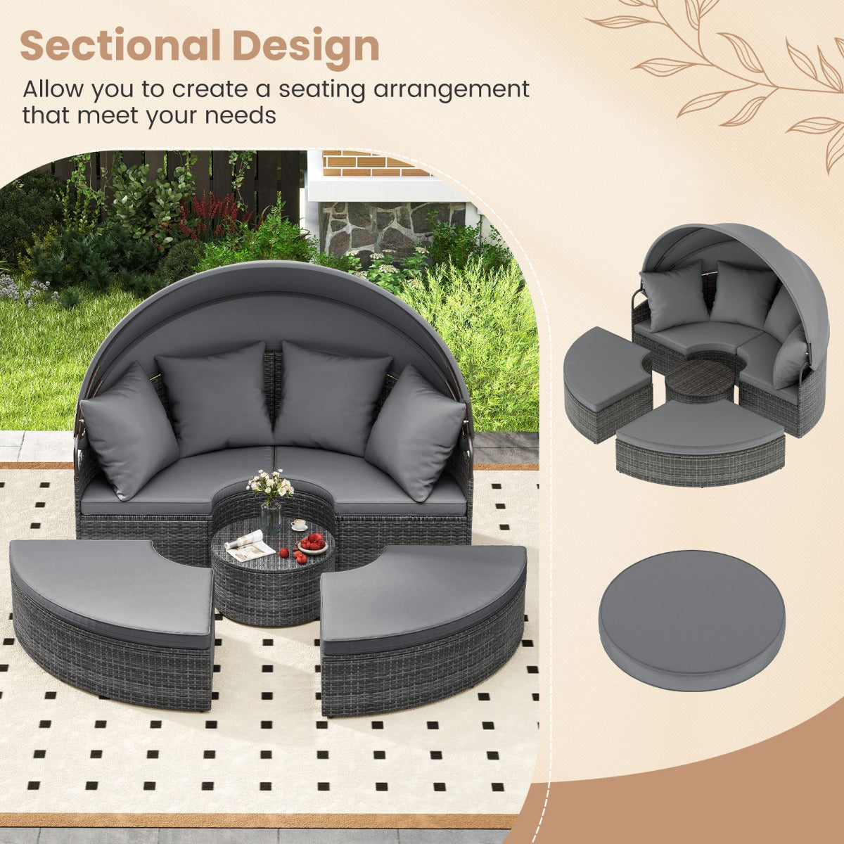 LIVSK Patio Rond Bed met Uitschuifbaar Zonnescherm - Handgeweven PE-Rattan - Comfortabele Kussens - Mix Grijs