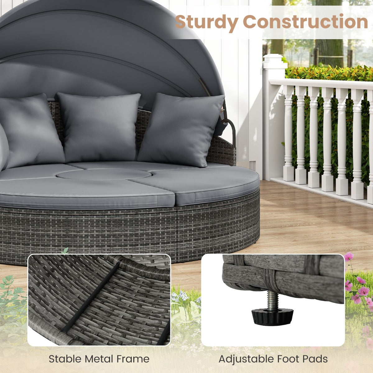 LIVSK Patio Rond Bed met Uitschuifbaar Zonnescherm - Handgeweven PE-Rattan - Comfortabele Kussens - Mix Grijs