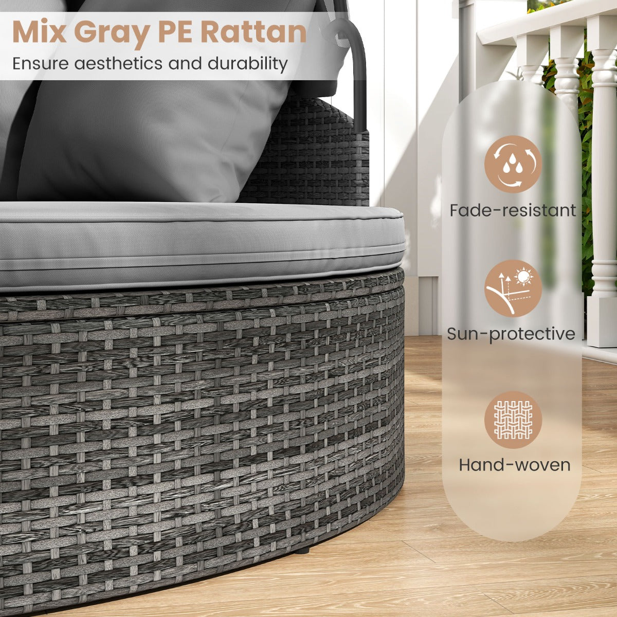 LIVSK Patio Rond Bed met Uitschuifbaar Zonnescherm - Handgeweven PE-Rattan - Comfortabele Kussens - Mix Grijs