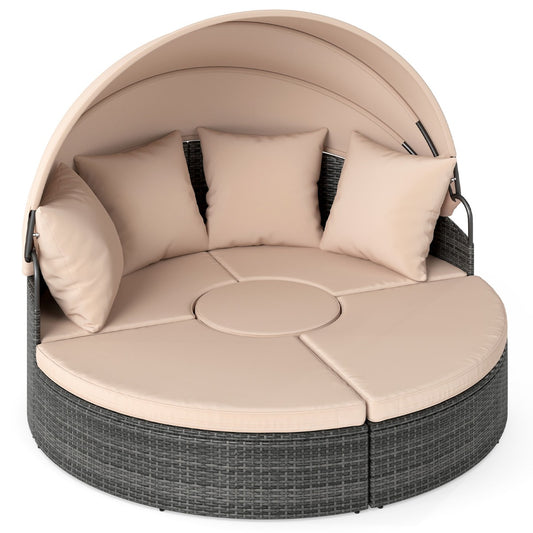 LIVSK Patio Rond Bed met Uitschuifbaar Zonnescherm - Handgeweven PE-Rattan - Inclusief Kussens - 172 x 180 x 141 cm - Mix