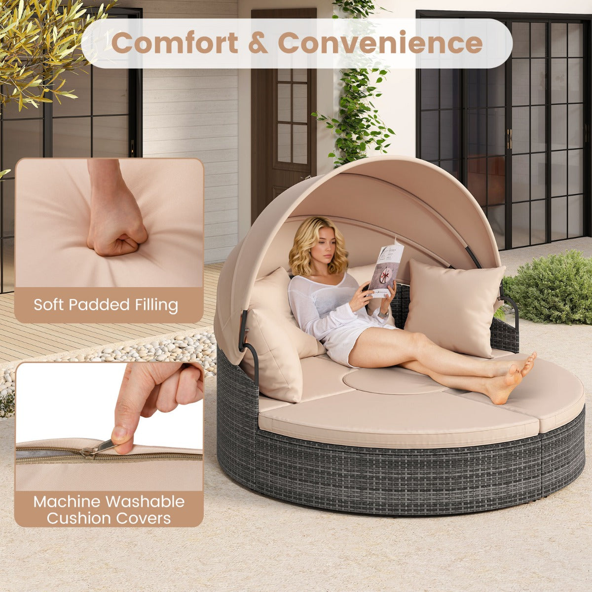 LIVSK Patio Rond Bed met Uitschuifbaar Zonnescherm - Handgeweven PE-Rattan - Inclusief Kussens - 172 x 180 x 141 cm - Mix