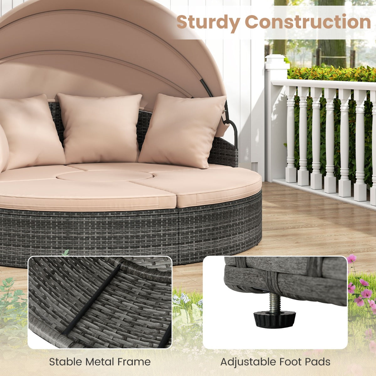 LIVSK Patio Rond Bed met Uitschuifbaar Zonnescherm - Handgeweven PE-Rattan - Inclusief Kussens - 172 x 180 x 141 cm - Mix