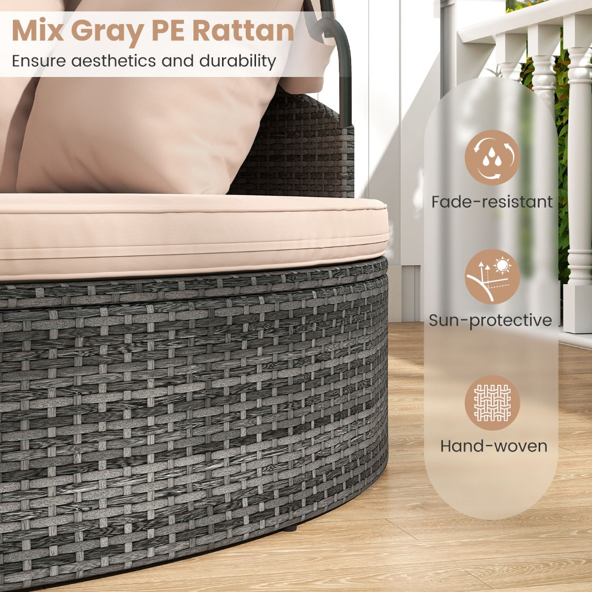 LIVSK Patio Rond Bed met Uitschuifbaar Zonnescherm - Handgeweven PE-Rattan - Inclusief Kussens - 172 x 180 x 141 cm - Mix