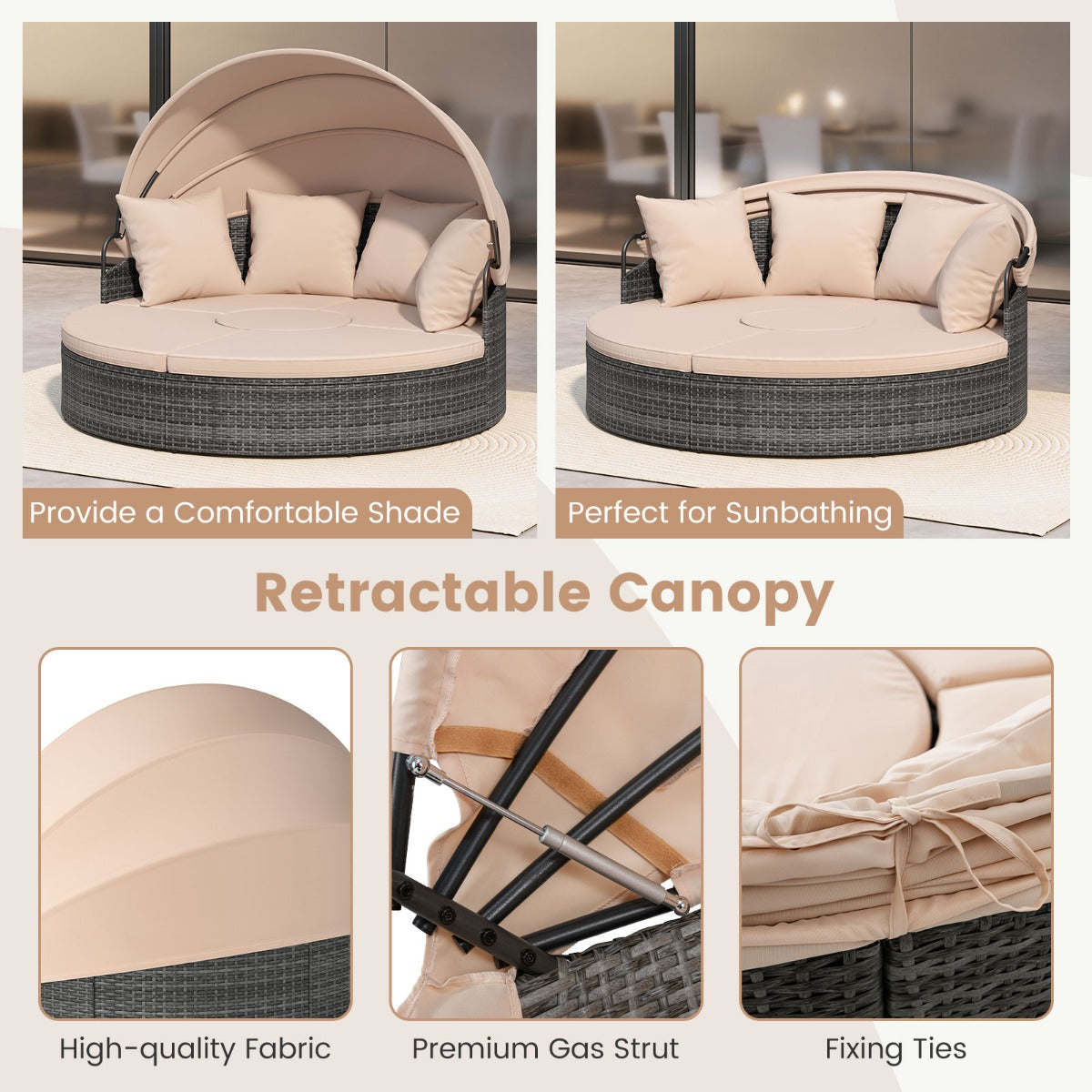 LIVSK Patio Rond Bed met Uitschuifbaar Zonnescherm - Handgeweven PE-Rattan - Inclusief Kussens - 172 x 180 x 141 cm - Mix